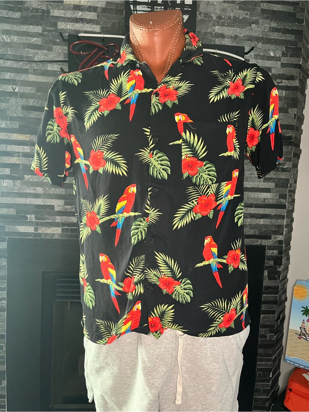 Forever 21 Men's Forever Black-Button Down Top with Red Parrot and Green Leaf